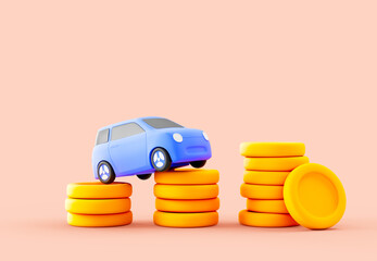 3D illustration of a blue toy car balancing on stacks of gold coins, symbolizing financial risk, car loans, and economic instability.
