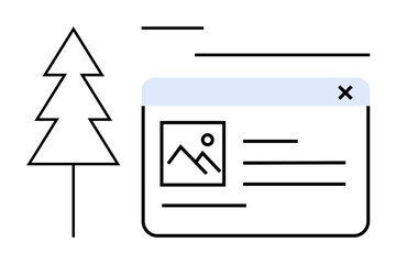 Web window with photo and text layout paired with a simple tree sketch. Ideal for sustainability, eco-friendly tech, digital content, website design, environment, clean energy, flat simple metaphor
