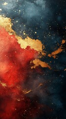 Ethereal red and gold abstract art with dark blue background and golden splashes