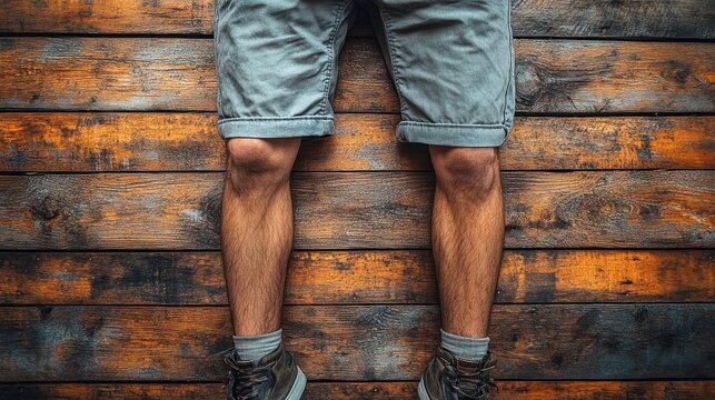 Man's legs and feet in shorts lying on rustic wooden floor.
