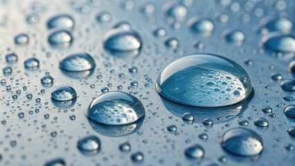 Close-up of water droplets on a surface, showcasing their clarity and reflections.