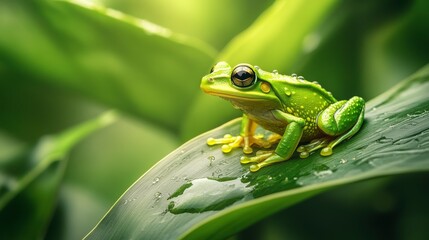 Fototapeta premium Vibrant green frog perched on a dewy leaf in lush foliage.