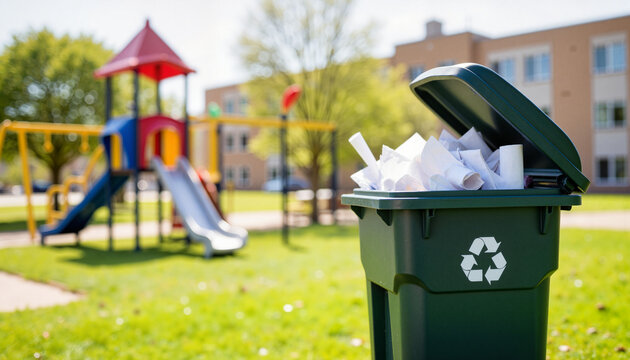 Open recycling bin with papers in schoolyard, promoting sustainability