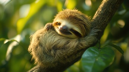 Fototapeta premium Adorable baby sloth sleeping peacefully on a tree branch in a lush green forest.