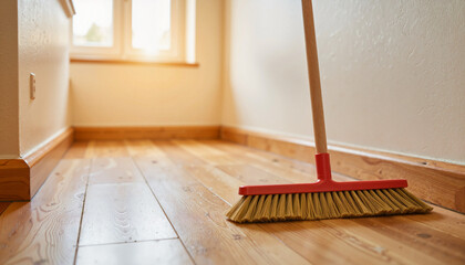 Spotless broom on hardwood floor in tidy corridor, cleanliness concept