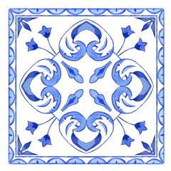 Vector decorative pattern blue and white design with frame or border. Baroque Vector mosaic. Traced watercolo. Capri Majolica	