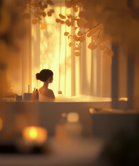 A luxurious bathroom scene with warm candlelight illuminating a person relaxing in a bubble-filled bathtub. The atmosphere is serene and calming.