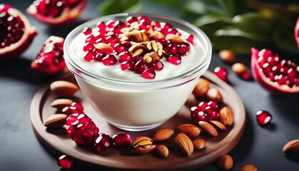 Yogurt with pomegranate in a bowl. Close up. 