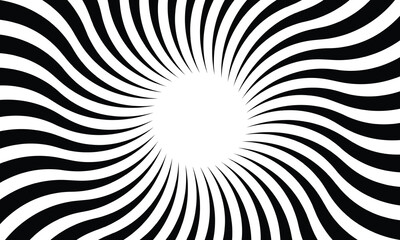 Black and white sunburst background. Abstract background. Twisted stripes template, banner, poster, flyer. Sweet spinning cartoon water vortex. Vector background.