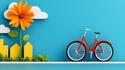 Fototapeta premium Biking adventure with a red bicycle urban garden digital art colorful landscape creative view