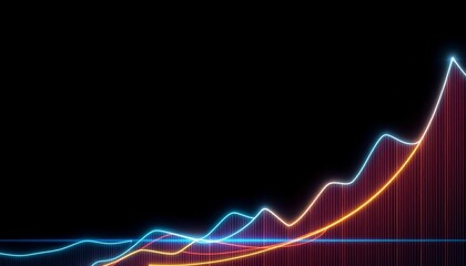 Abstract glowing lines forming upward trending graph on dark background, upward, neon