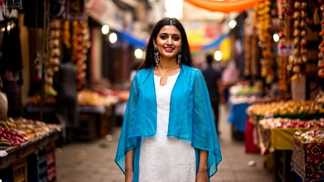 Young woman in traditional attire standing confidently in a vibrant market filled with colorful goods - kurta indian