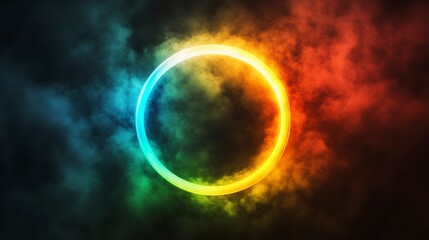 Vibrant neon circle ring glowing in smoky, colorful background.