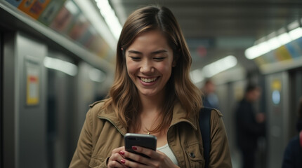 Young woman in the subway looking at her phone and smiling