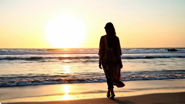 Woman walking along the beach at sunset, with waves gently lapping at her feet, serene atmosphere - kurta indian