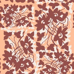 Seamless pattern of abstract botanical elements in deep shades. Contemporary digital art for wallpaper, fashion textile, wrapping paper, advertising, scrapbooking