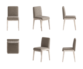 A set of six views of a modern chair with beige boucle upholstery, and light wooden legs isolated on a transparent background. Front view, top view, two sides, and two perspectives. 3d render