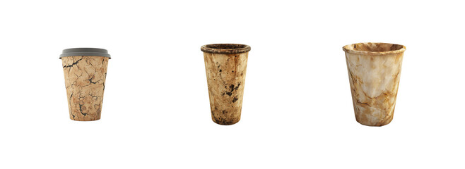Vintage Style Dirty Disposable Coffee Cups on White Background