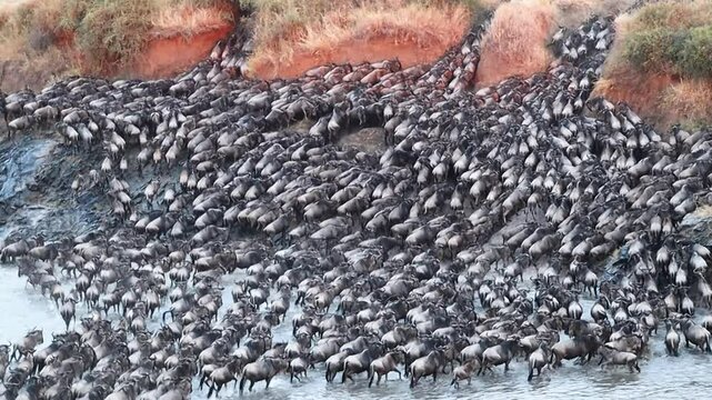 Wildebeest crossing Mara River during Great Migration in Kenya