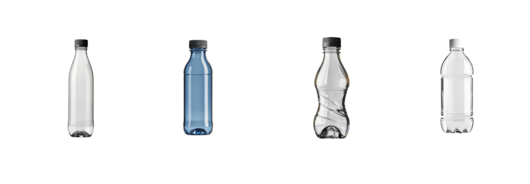 Various Plastic Bottles in Different Designs and Colors on White Background