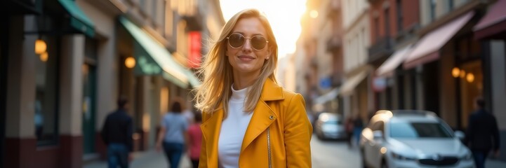 Attractive young woman standing on city street with trendy outfit and sunglasses, trendy, millennial, cute