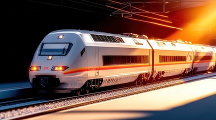 Naklejka premium A modern high-speed train emerges from a dark tunnel into bright sunlight at a train station platform showcasing sleek design and advanced technology.