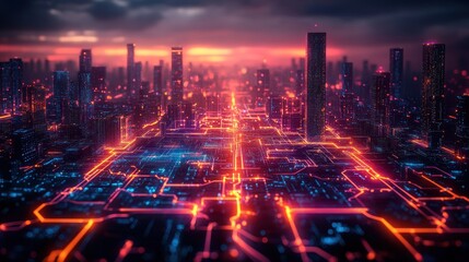 Fototapeta premium Futuristic city skyline at sunset, glowing circuit board streets.