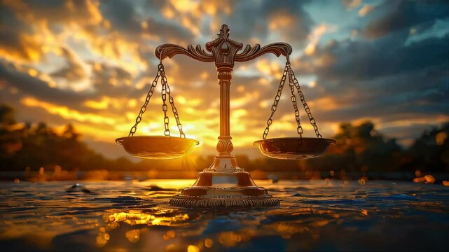 A symbolic set of golden scales representing law and justice, placed on a polished wooden table