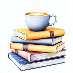 Fototapeta premium coffee lover concept. Stack of colorful books with a steaming cup of coffee on top.