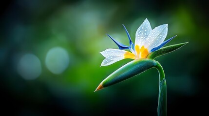 Obraz premium White Flower with Blue and Yellow Accents and Water Droplets