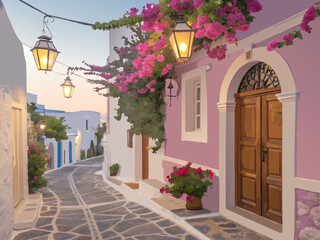 Old street in the old town of Greek. Explore the charm of a serene cobblestone street adorned with vibrant flowers and charming lanterns during twilight. Paint by numbers. DIY art