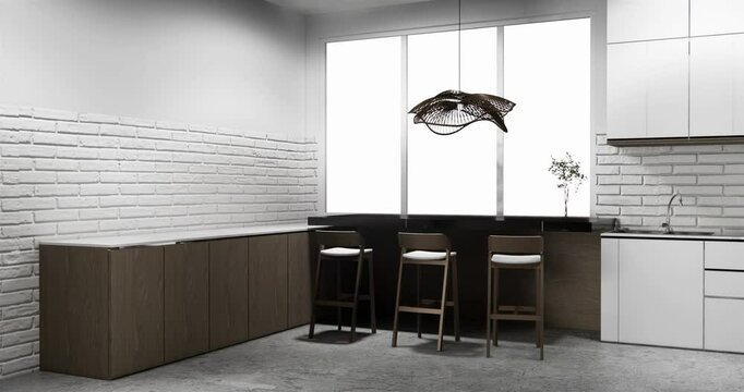 dinner room Kitchen bar on set kitchen shaped modern style white and wood concept. 3d rendering