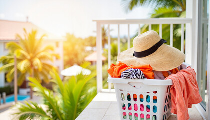 Colorful laundry basket on tropical balcony, summer vibes