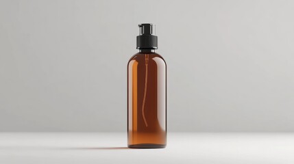 Amber glass bottle with black pump dispenser presented cleanly