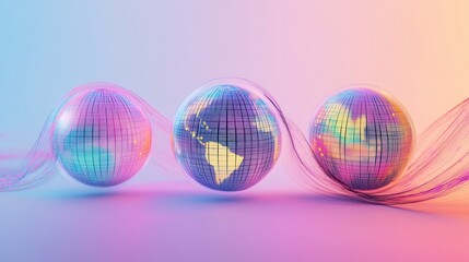 3D rendering of three globes, each with different colors and patterns. The background is a gradient from light blue to purple.