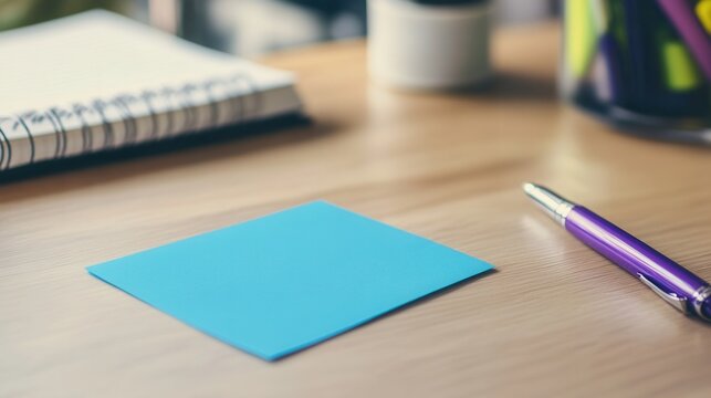 A photo of an empty blue sticky note on top of a desk, next to it is a purple pen and a notebook page with black ink.