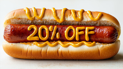 Hot dog with the inscription 20 percent off on a blue background. 3d rendering