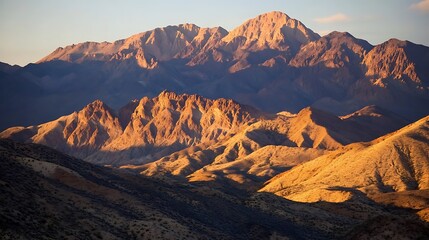 Naklejka premium Breathtaking mountain range with golden sunlight casting shadows over the rugged peaks.