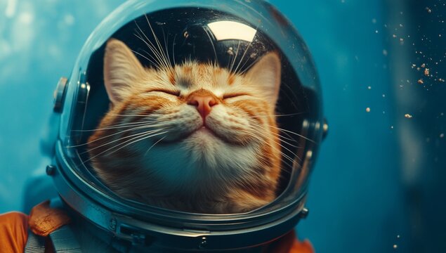 Happy cat astronaut in space suit