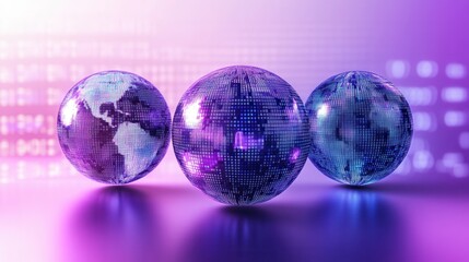 Three globes, each with its own unique pattern of blue and black squares representing different continents, against an abstract background with soft gradients in shades of purple to white.