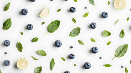 Fresh Blueberries and Lime Slices Surrounded by Green Mint Leaves on a White Background