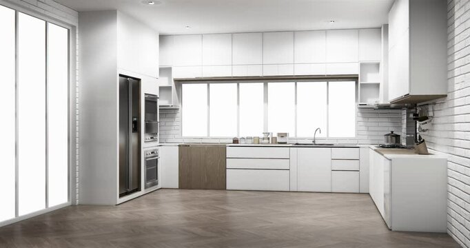 dinner room Kitchen bar on set kitchen shaped modern style white and wood concept. 3d rendering