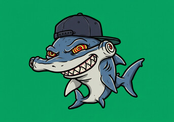 Naklejka premium Cartoon Hammerhead Shark Wearing a Baseball Cap