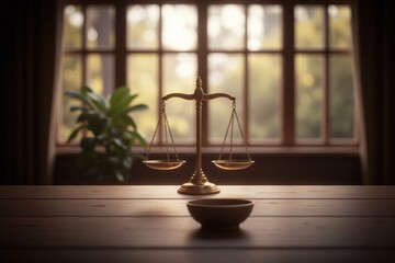scales of justice on a wooden table in a courtroom