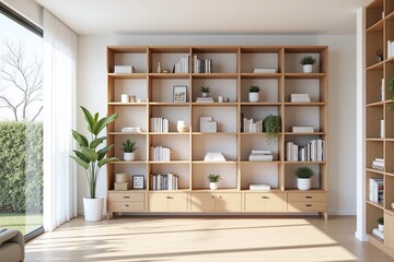 room with a desk bookshelf and plants in it