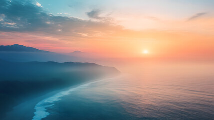 Fototapeta premium Serene sunset over ocean waves coastal landscape gradient wallpaper background panoramic view nature inspired