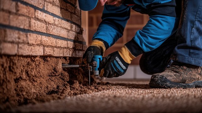 A construction worker carefully uses a specialized tool to repair a section of brick foundation exposed du home renovation work near exposed soil.