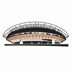 Illustration of a large open-air sports stadium with multiple seating levels and a modern design.