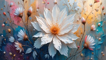 Delicate white flower blooms amidst vibrant colors in an artistic display celebrating nature's beauty