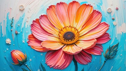 Vibrant floral artwork showcasing a large pink and orange flower against a serene blue background, capturing the beauty of nature's colors